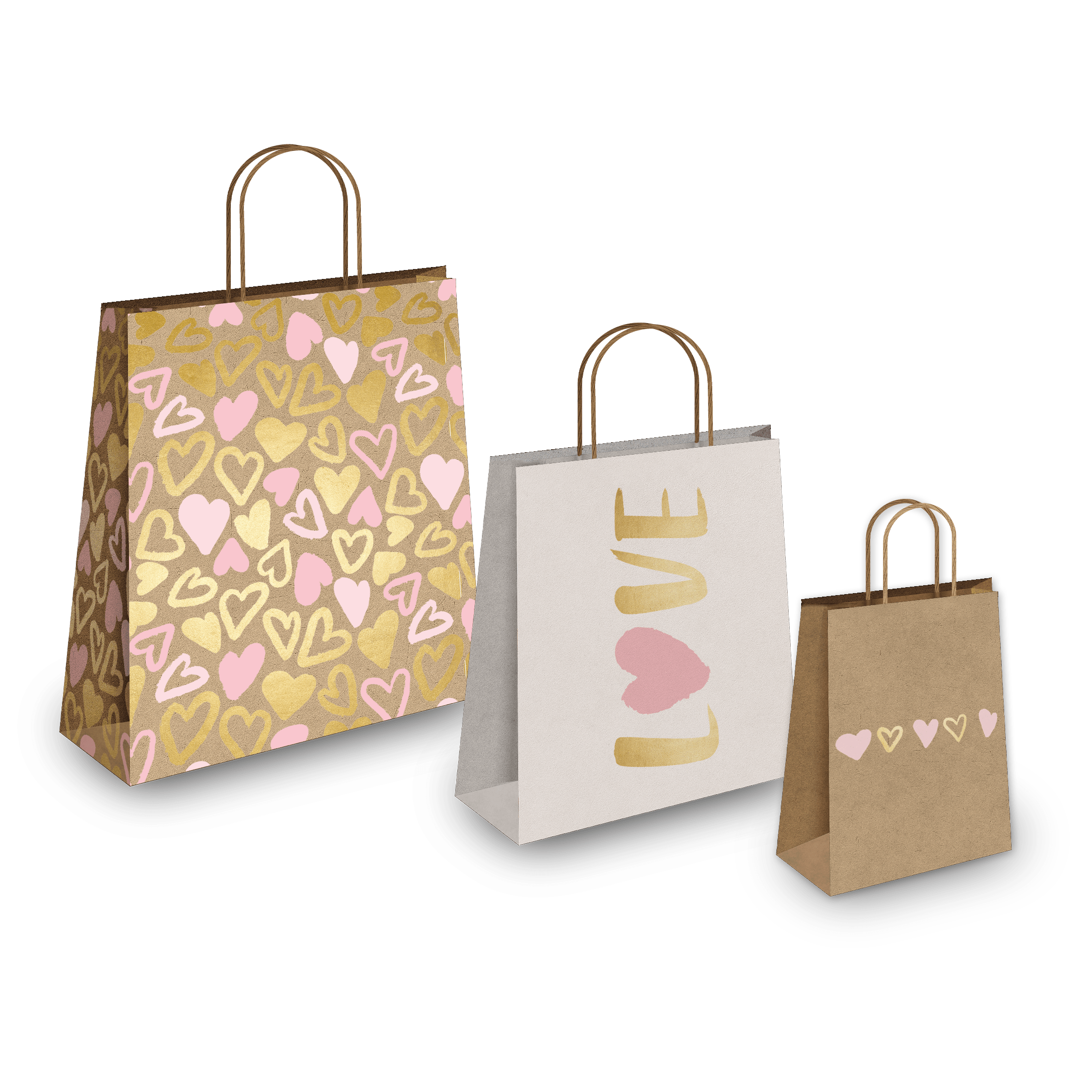 Pro Supply Global Printed Kraft Bags Shopping/Gift Bags for Valentines Day (12 Count Mixed Size Bags, Pink and Gold Hearts)