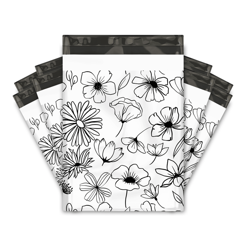 10x13 Black and White Sketched Floral Designer Poly Mailers Shipping Envelopes Premium Printed Bags Pro Supply Global