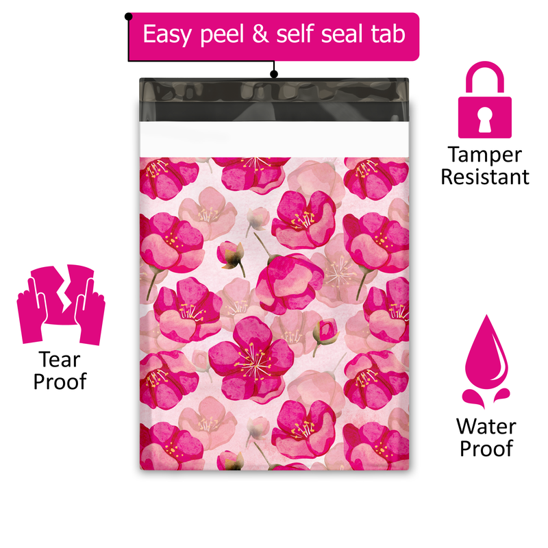 10x13 Pink Poppies Designer Poly Mailers Shipping Envelopes Premium Printed Bags