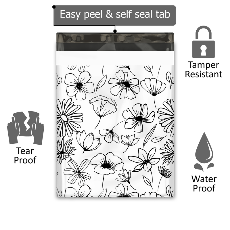 12x15 Black and White Sketched Floral Designer Poly Mailers Shipping Envelopes Premium Printed Bags